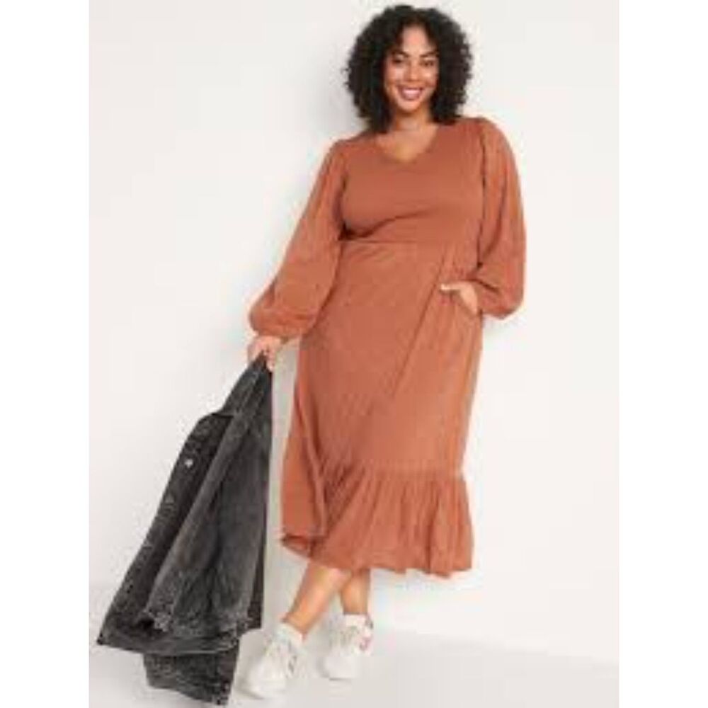 Old Navy Fit & Flare Midi Dress Smocked Clip-Dot Warm Hickory Plus Size XXL